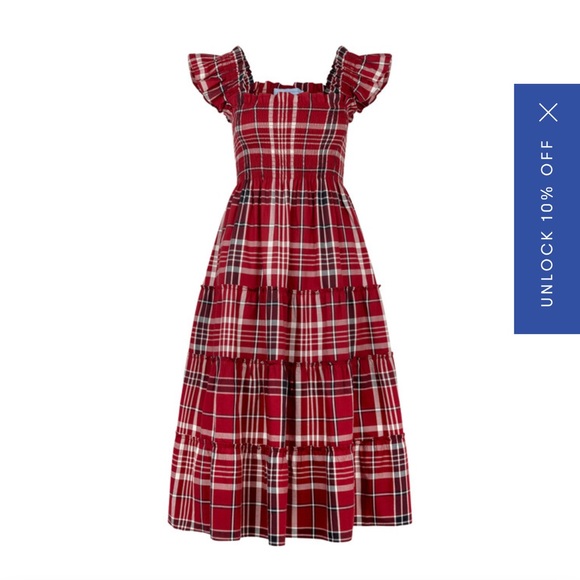 NWT - HILL HOUSE HOME - Ellie Tartan Smocked Ruffle Shoulder Tiered Skirt Dress - Picture 1 of 7